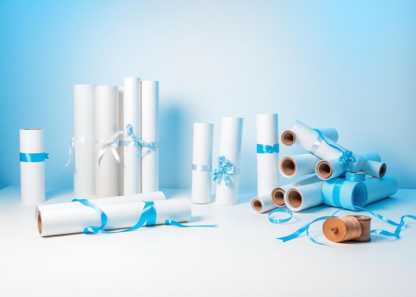 Rolls of white and blue wrapping paper with ribbon spools